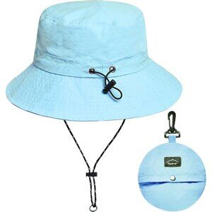 Unisex Blue 100% Nylon Wide Brim Uv Protection Chin Strap Packable Bucket Hat